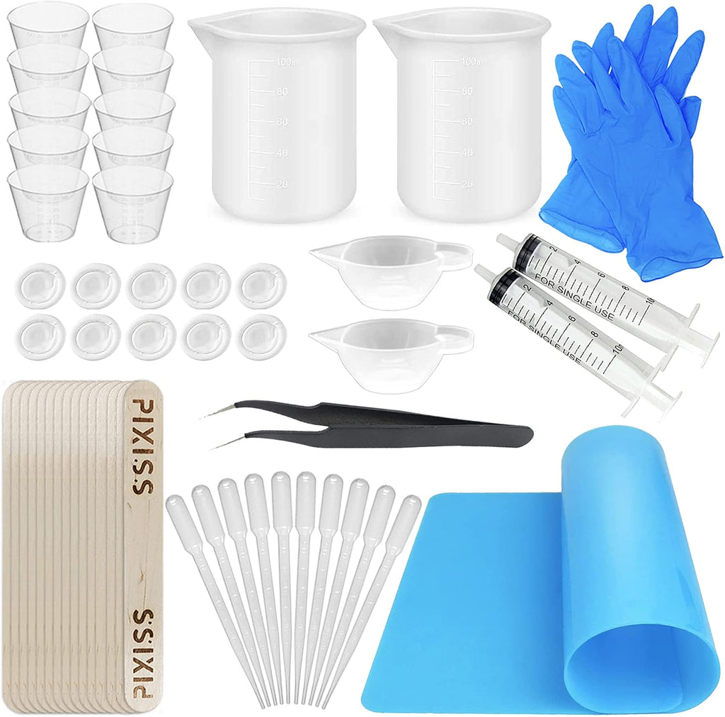 Silicone Resin Measuring Cups Tool Kit- Pixiss 100ml Measure Cups, 1oz Cups, Popsicle Stir Sticks, Pipettes, Finger