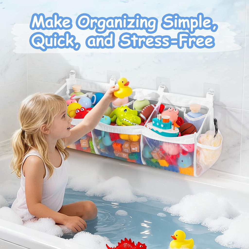 Extra Large Bath Toy Organizer with 3 Compartments and Multiple Pockets, Quick-Dry Mesh Bathtub Storage for Kids' Toys
