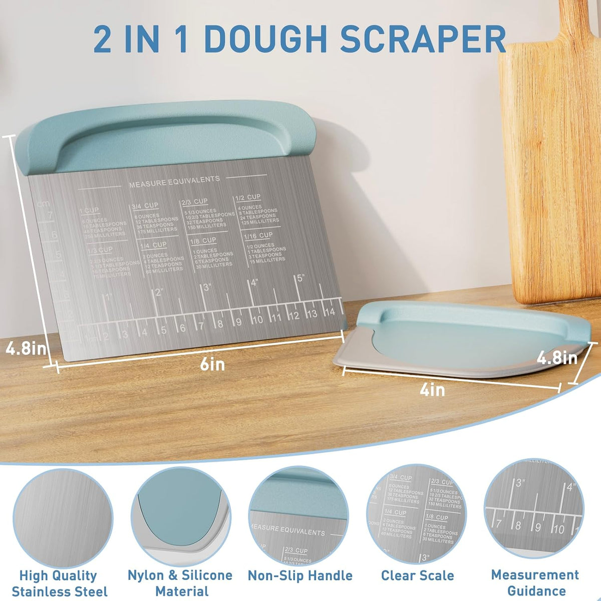 2 IN 1 Upgrade Bench Scraper, Dough Scraper, Stainless Steeel with Scale