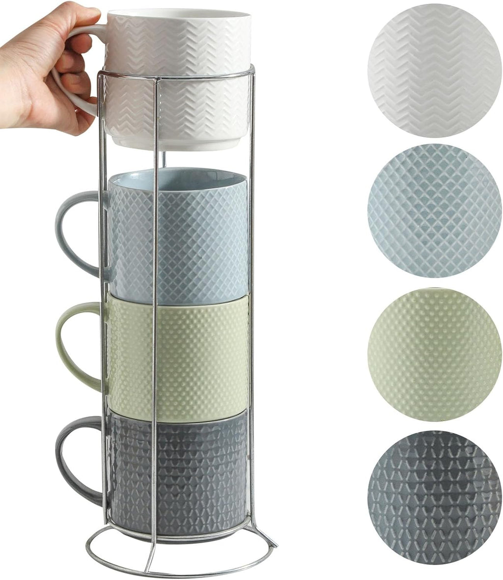 Coffee Mugs with Metal Stand,15 oz Ceramic Stackable Mug Set Embossed Latte Cup, Ceramic Coffee Cups with Handle for