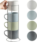 Coffee Mugs with Metal Stand,15 oz Ceramic Stackable Mug Set Embossed Latte Cup, Ceramic Coffee Cups with Handle for