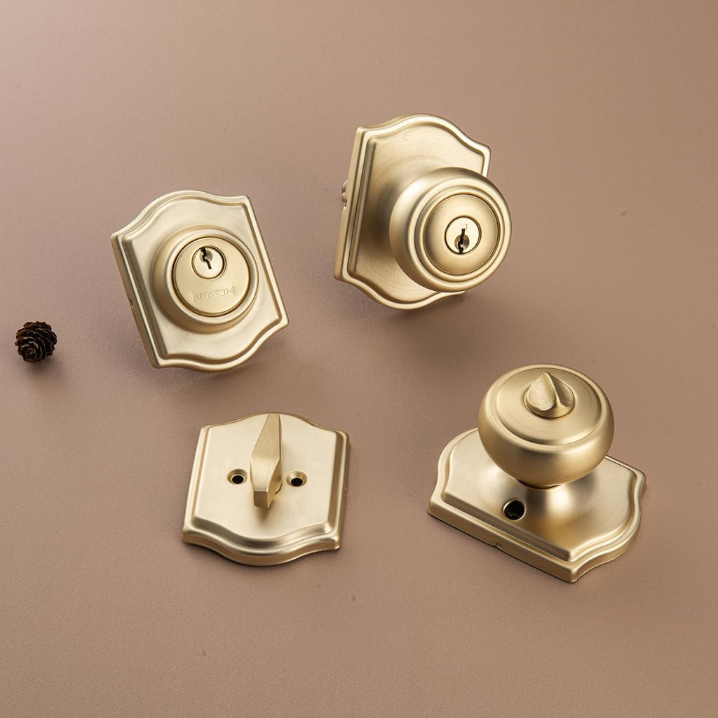 Brushed Gold Door Knobs with Camelot Trim, Exterior Door Lock Set with Deadbolt Keyed Alike, Coastal Style Exterior