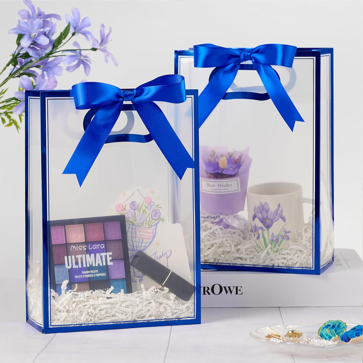12 PCS Clear Plastic Gift Bags with Handles, Royal Blue