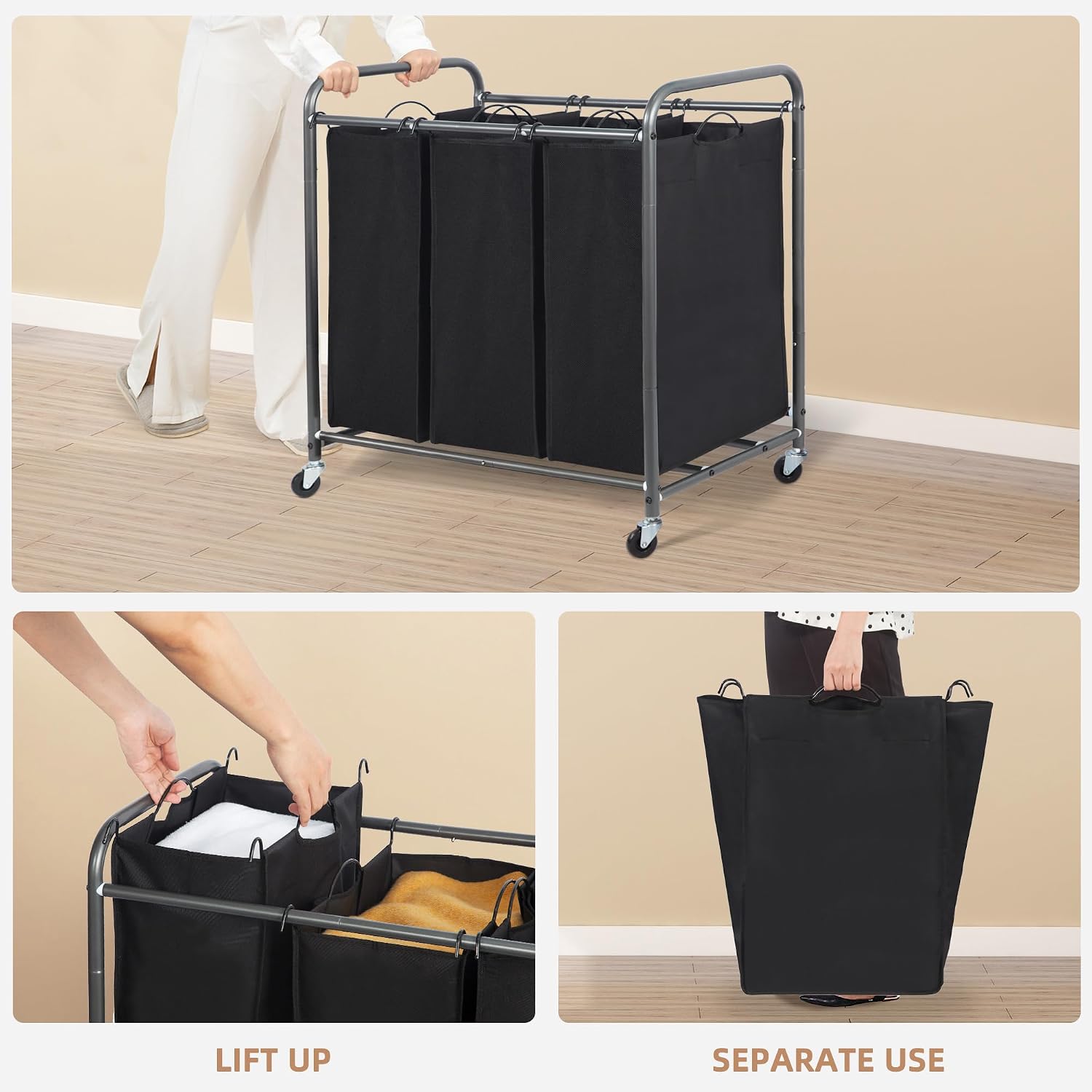 3 Section Laundry Sorter, 35.6 Gal (135 L) Laundry Hamper Cart with Heavy Duty Rolling Lockable Wheels and Removable
