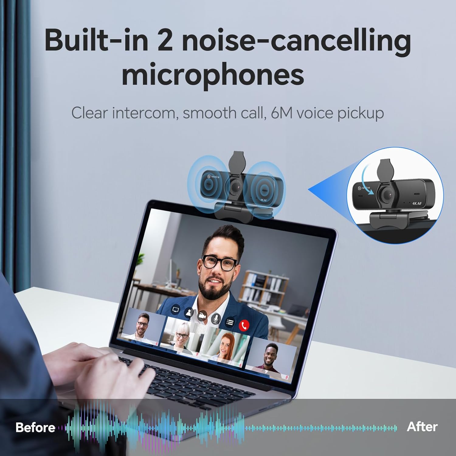 4K Webcam for PC with Dual Microphones, Autofocus USB Camera with Privacy Cover and Auto Light Correction, Plug and