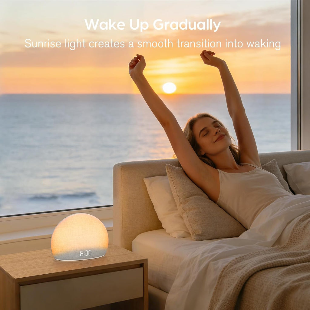 Sunrise Alarm Clock with White Noise Sound Machine for Bedroom | Wake-Up Light, 5 Gentle Alarm Sounds, 20 Soothing