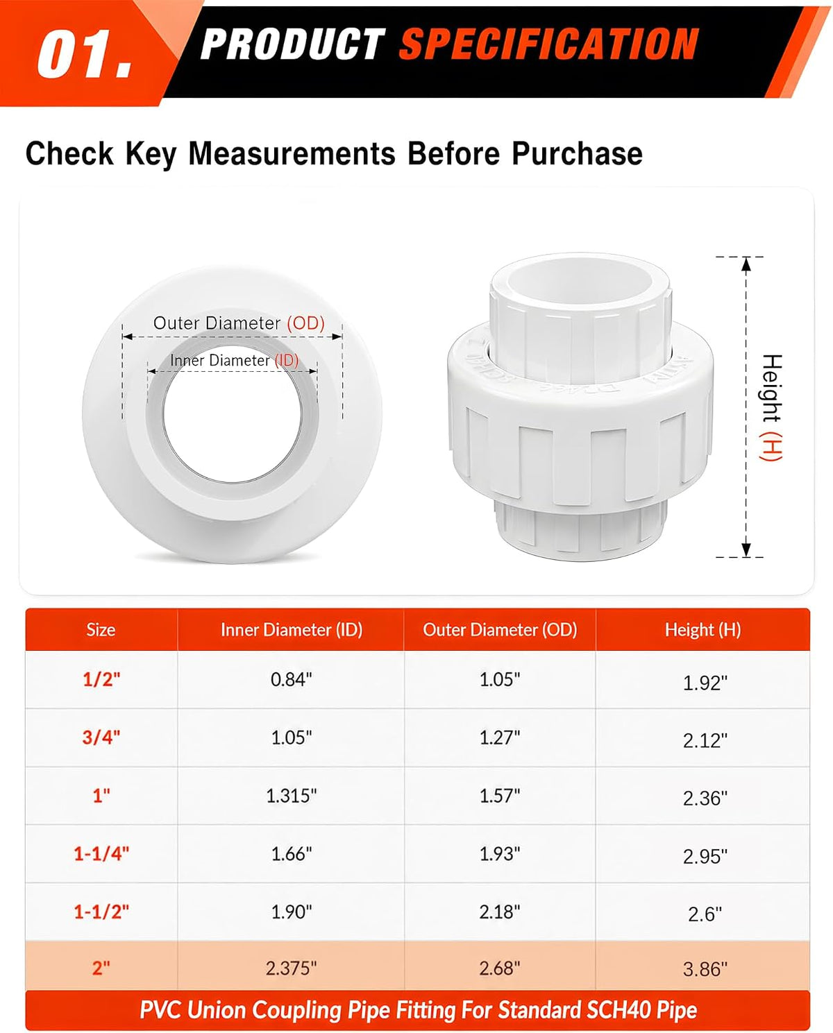 2 Pcs 2 Inch PVC Union Coupling, Socket x Socket Schedule 40 PVC Union