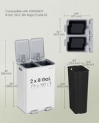 Trash Can, 2 x 8 Gallon (2 x 30 L) Dual-Compartment, Soft-Close