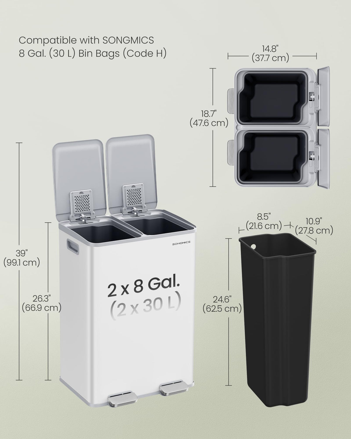 Trash Can, 2 x 8 Gallon (2 x 30 L) Dual-Compartment, Soft-Close