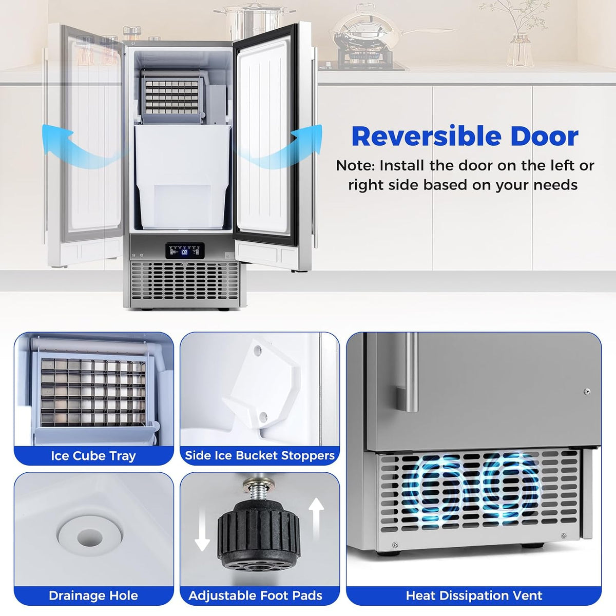 15" Under Counter Commercial Ice Maker, 110Lbs/24H Cube Ice, Silver