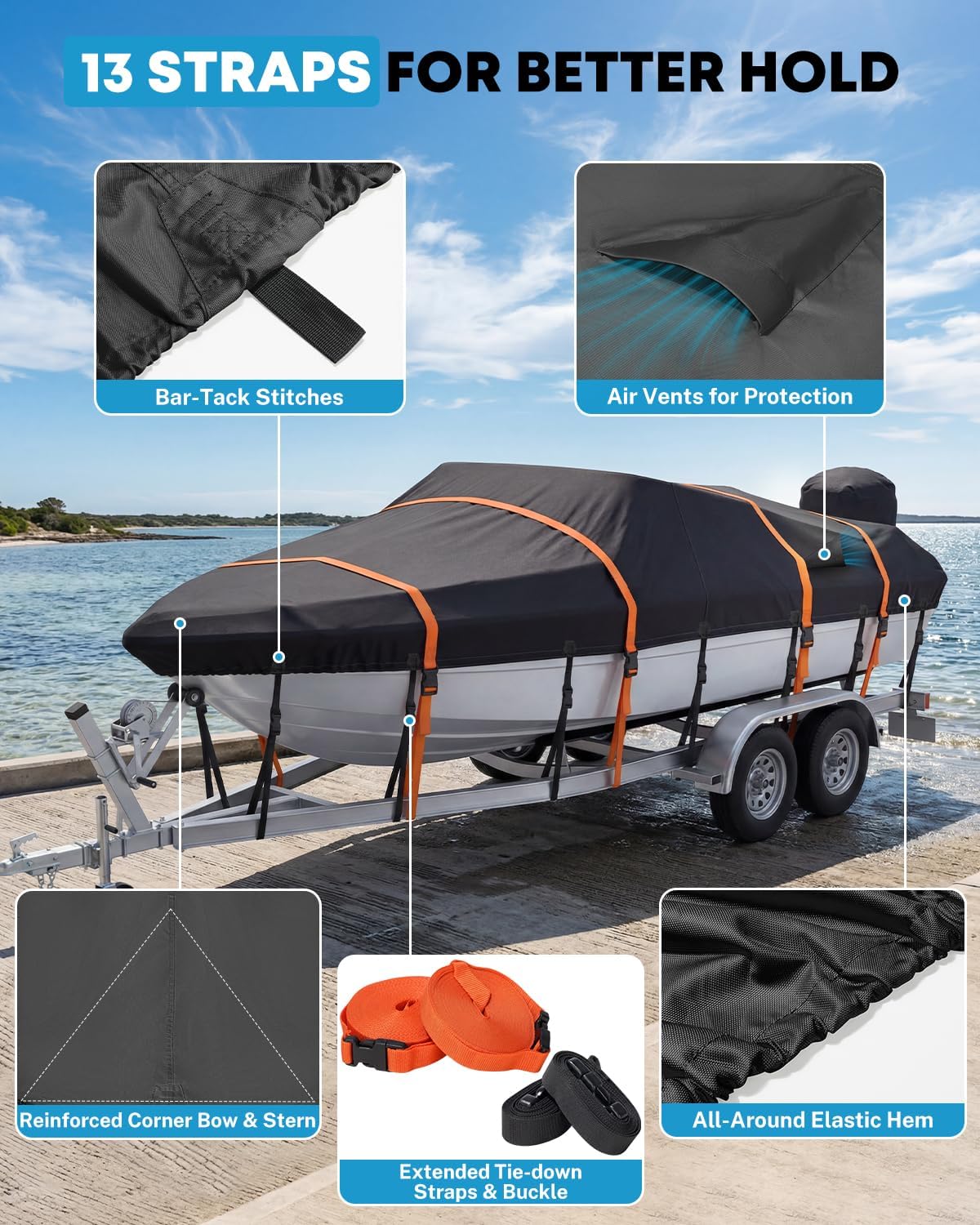 Boat Cover 16-18.5ft, Heavy Duty 1200D Marine-Grade Waterproof | 13 + Extra 4 Extended Straps, Trailerable