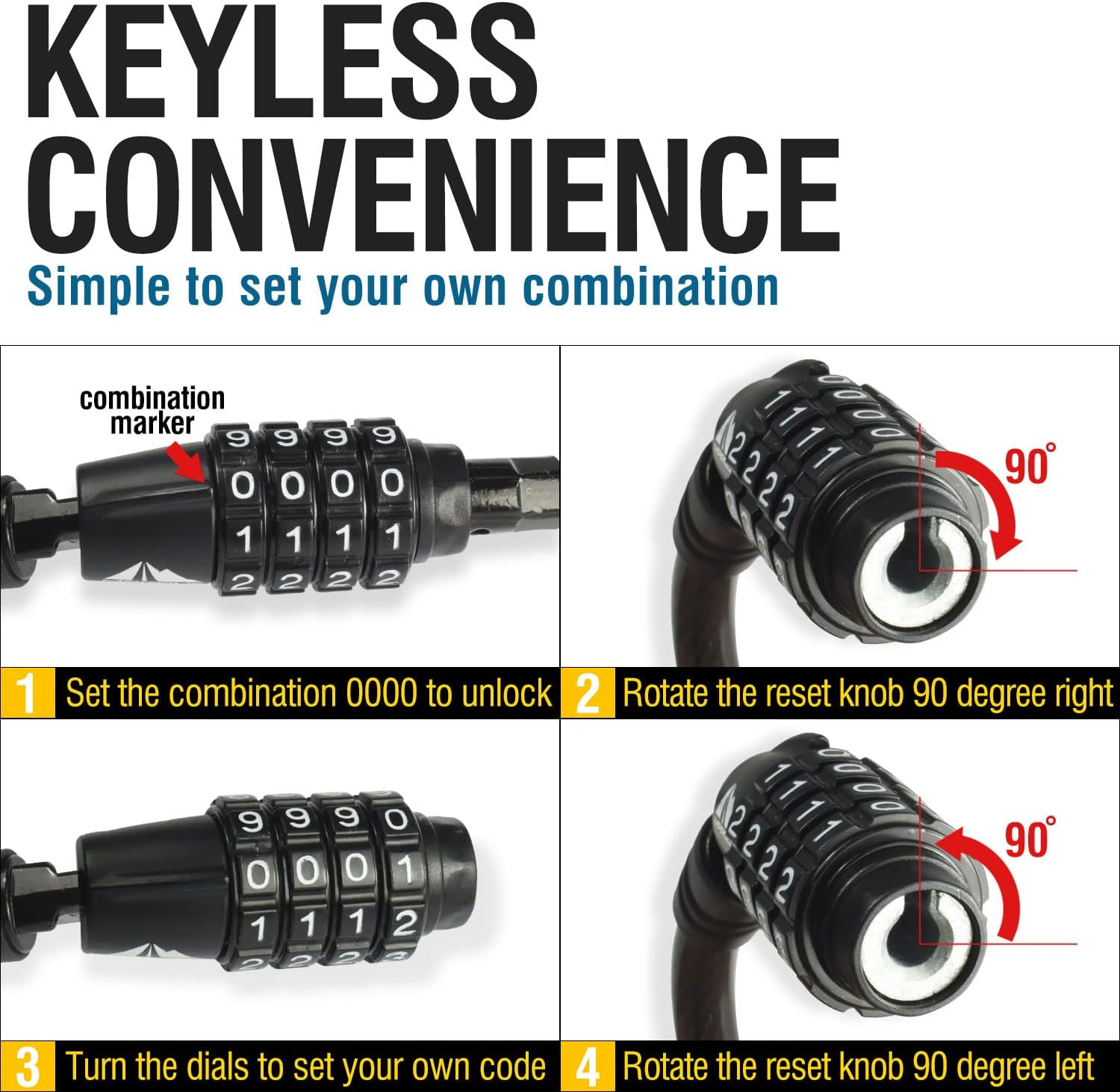 Combination Bike Lock Cable- 3/8 inch (5FT, 10FT, 15FT, 25FT) Resettable Combination Lock, Anti-Theft Coiled Secutiry