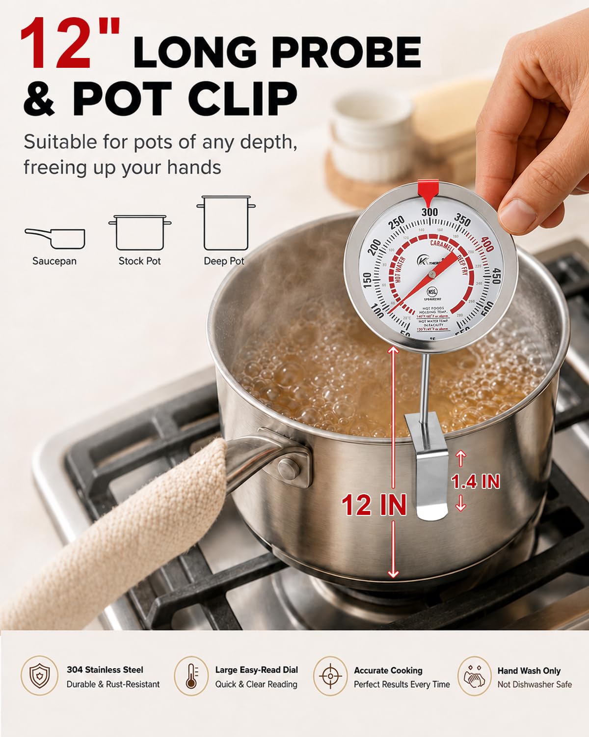 Candy Thermometer with Pot Clip Deep Fry Oil Thermometer 12-Inch Probe 2PC