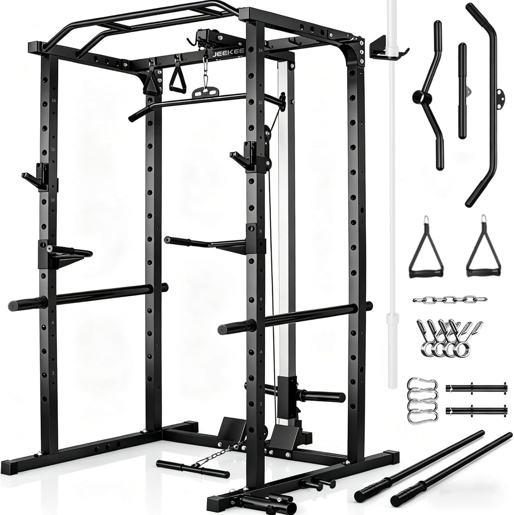 Power Rack with LAT Pulldown, 2000LBS Power Cage with Cable System, Multi-Function Squat Rack with J-Hooks, Safety