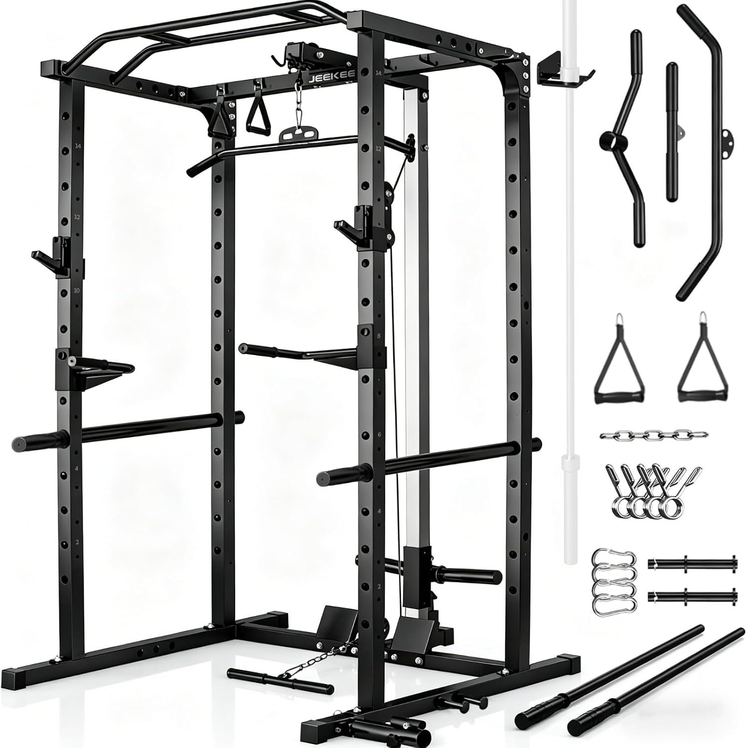 Power Rack with LAT Pulldown, 2000LBS Power Cage with Cable System, Multi-Function Squat Rack with J-Hooks, Safety