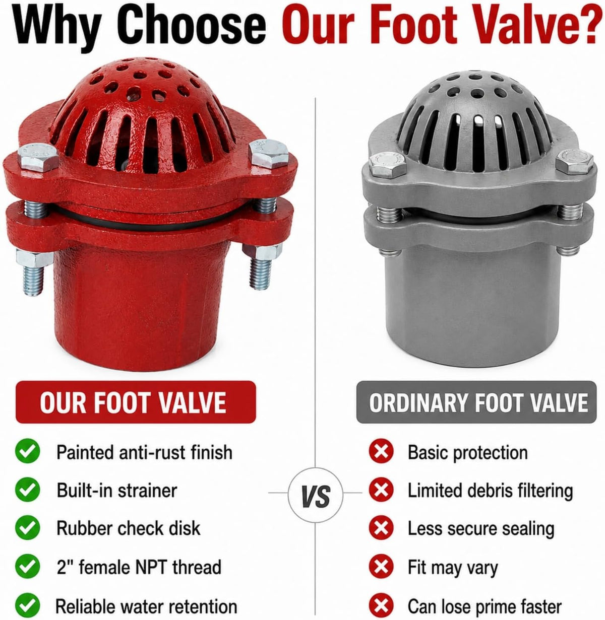 2 Inch Well Pump Foot Valve, Cast Iron NPT Check Valve with Strainer