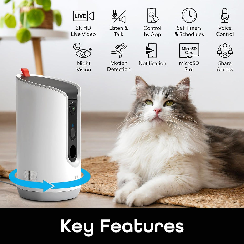 Pet Treat Dispenser Camera, 2K HD Wi-Fi Enabled, Auto-Follow, White