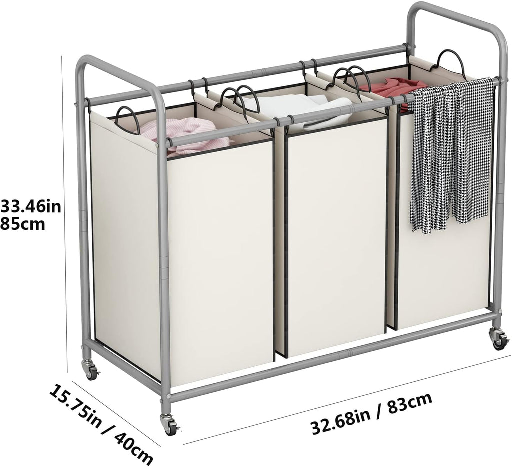 3 Section Laundry Hamper, Beige Laundry Basket 135L Laundry Sorter | Laundry Room Organization with Heavy Duty