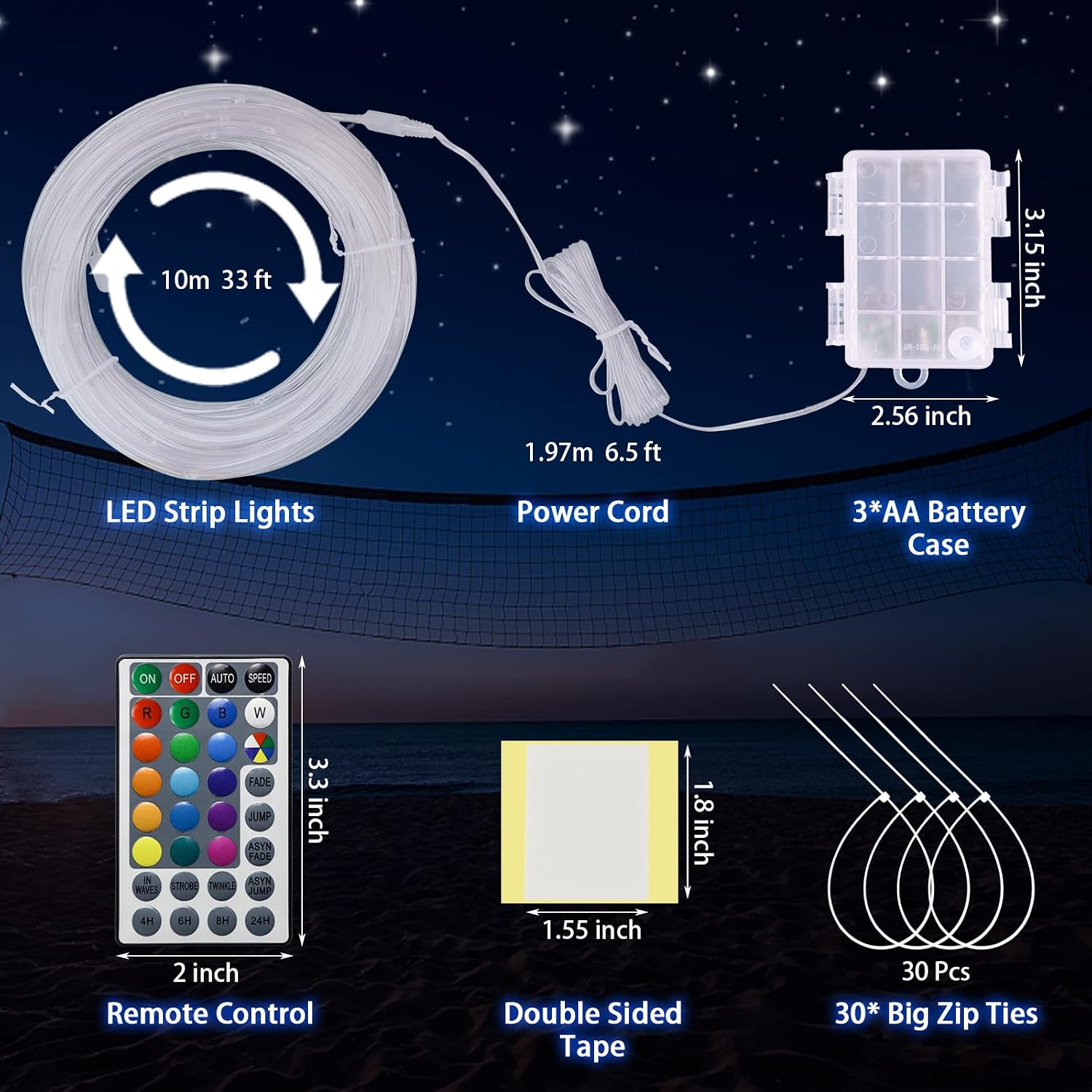 Badminton Net Light, 33ft LED Volleyball Net Outdoor String Lights with Remote, 17 Colors 7 Modes Waterproof