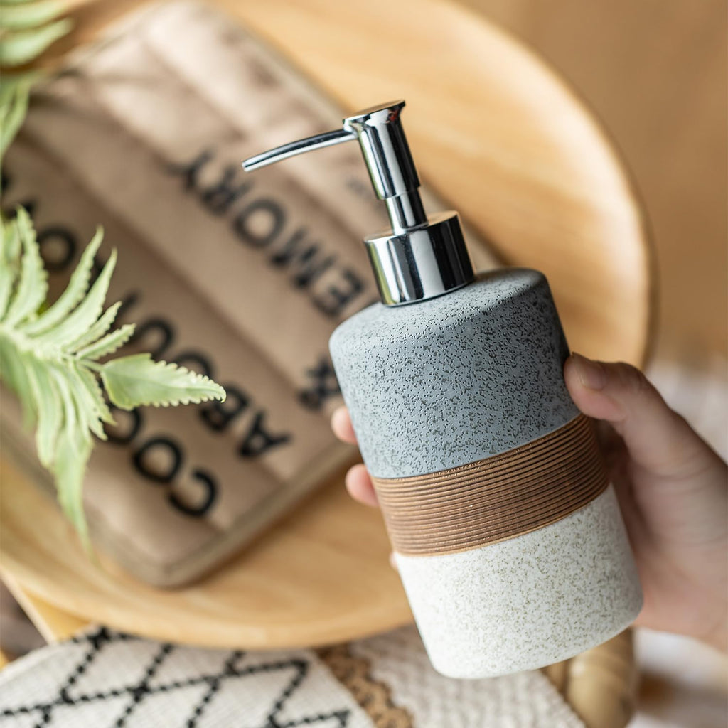 Ceramic Soap Dispenser Set for Hand Soap, Shampoo, Dish Soap, Conditioner, Bathroom & Kitchen, Stainless Steel Pump