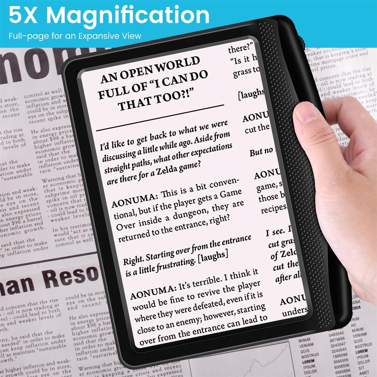 Rechargeable 5X Magnifying Glass for Reading, Large Bright Full Page Magnifier with Light, Handheld LED Dimmable