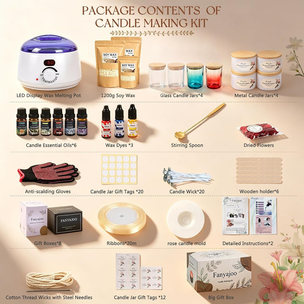 Candle Making Kit,Candle Making Kit for Adults & Beginners–1200g Soy Wax，Digital Wax Melting Pot, Floral Candle