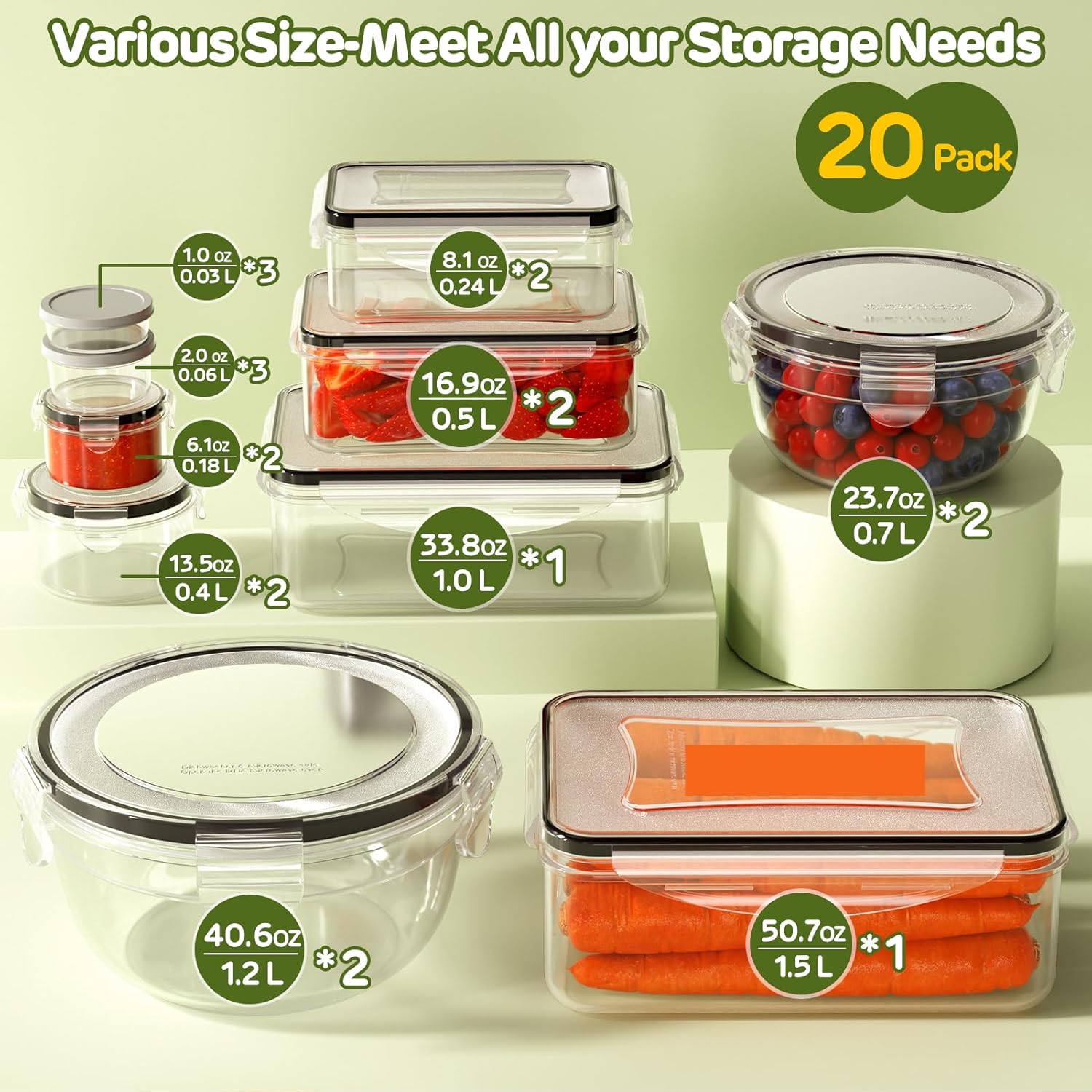 40 PCS Food Storage Containers with Lids Airtight (20 Lids &20 Containers) - Leakproof Meal-Prep Containers for