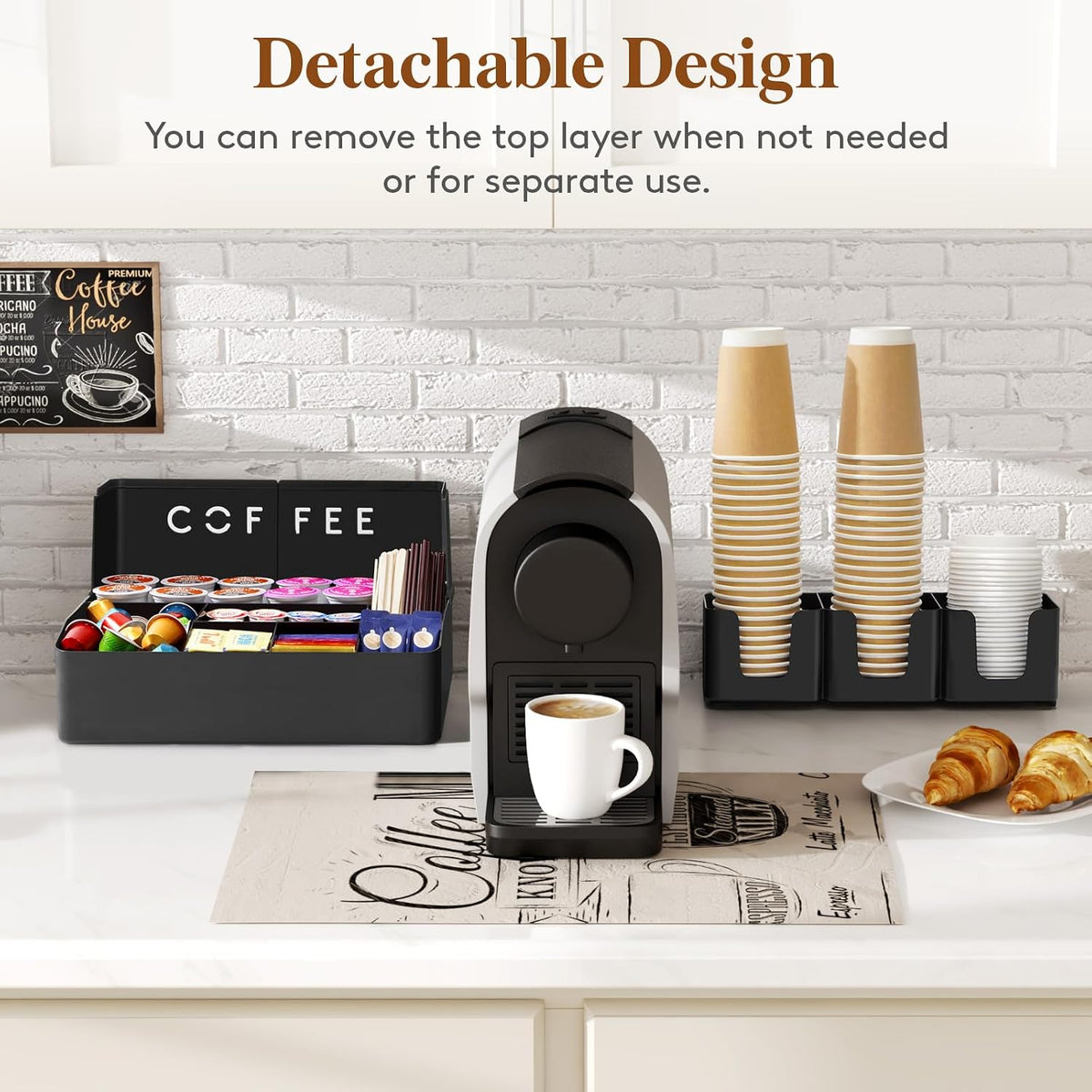 2-tier Coffee Station Organizer, 10 Compartments, Black, Plastic