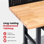 60" Heavy Duty Workbench with Wheels, Adjustable Height Garage Work Bench with Solid Rubberwood Top, Drawer, Pegboard