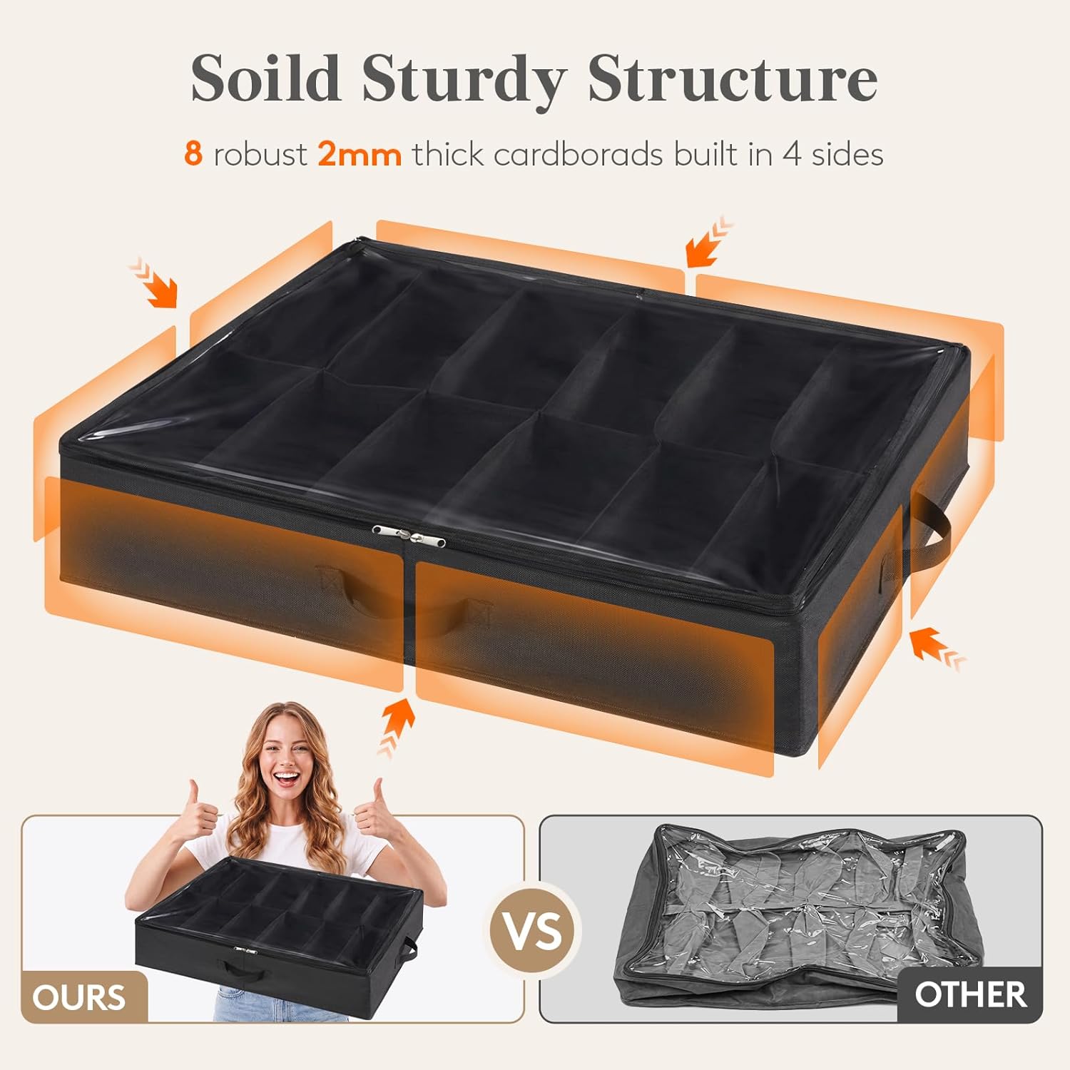 Under Bed Shoe Storage Organizer 2 Pack(12 Shoes Cells), 4.3 Inches Profile Fabric Shoes Container Box with Clear