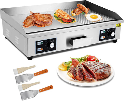 29" Commercial Electric Griddle, 3000W Half Grooved Teppanyaki Grill, Stainless Steel Electric Countertop Griddle