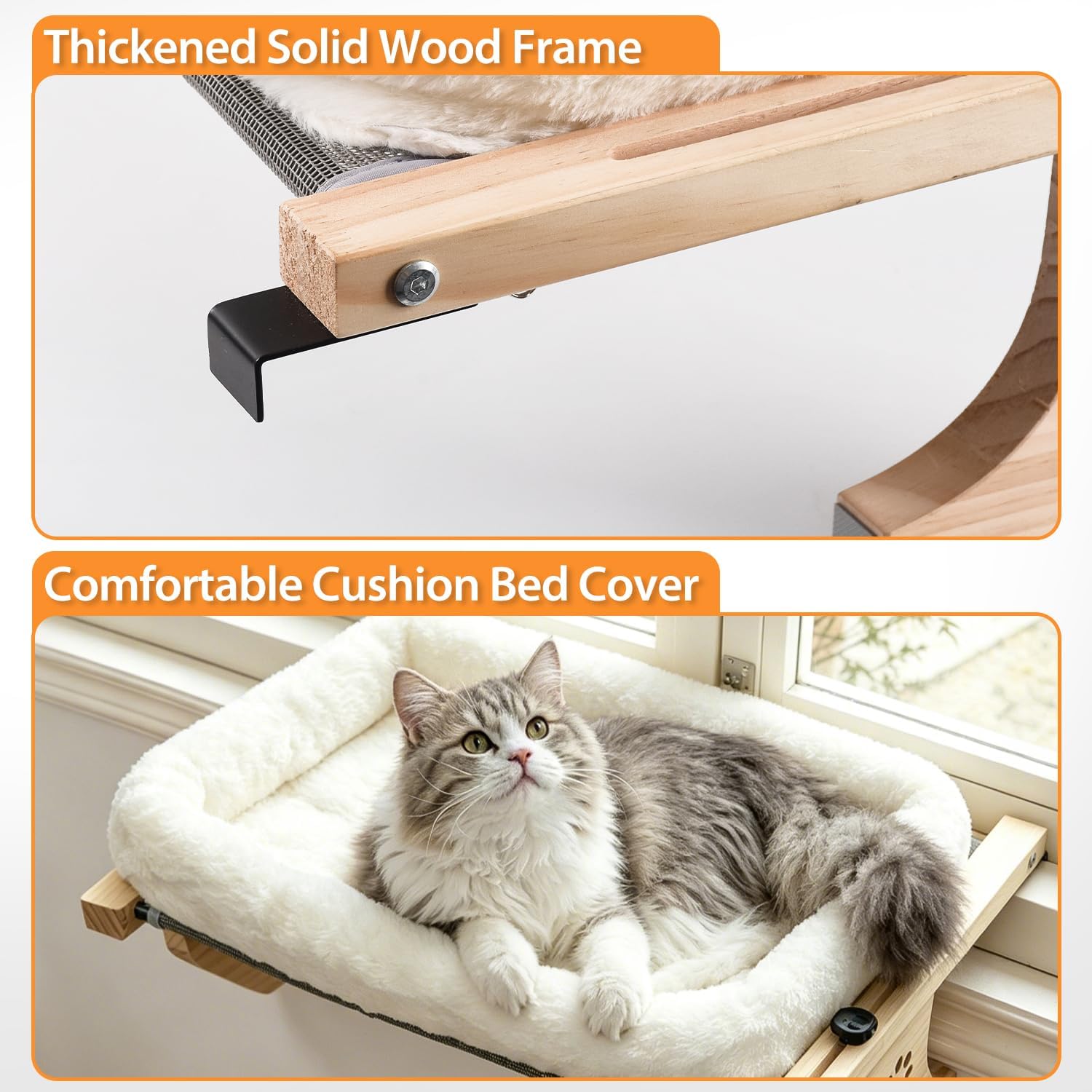 Cat Sill Window Perch Sturdy Hammock Window Seat with Cushion Bed Cover, Wood & Metal Frame for Large Cats, Easy to