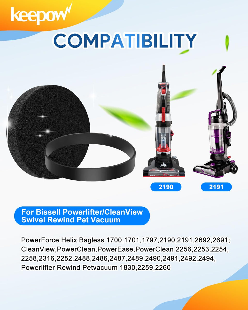 KEEPOW Vacuum Belt and Filter Compatible with Bissell Powerlifter/CleanView
