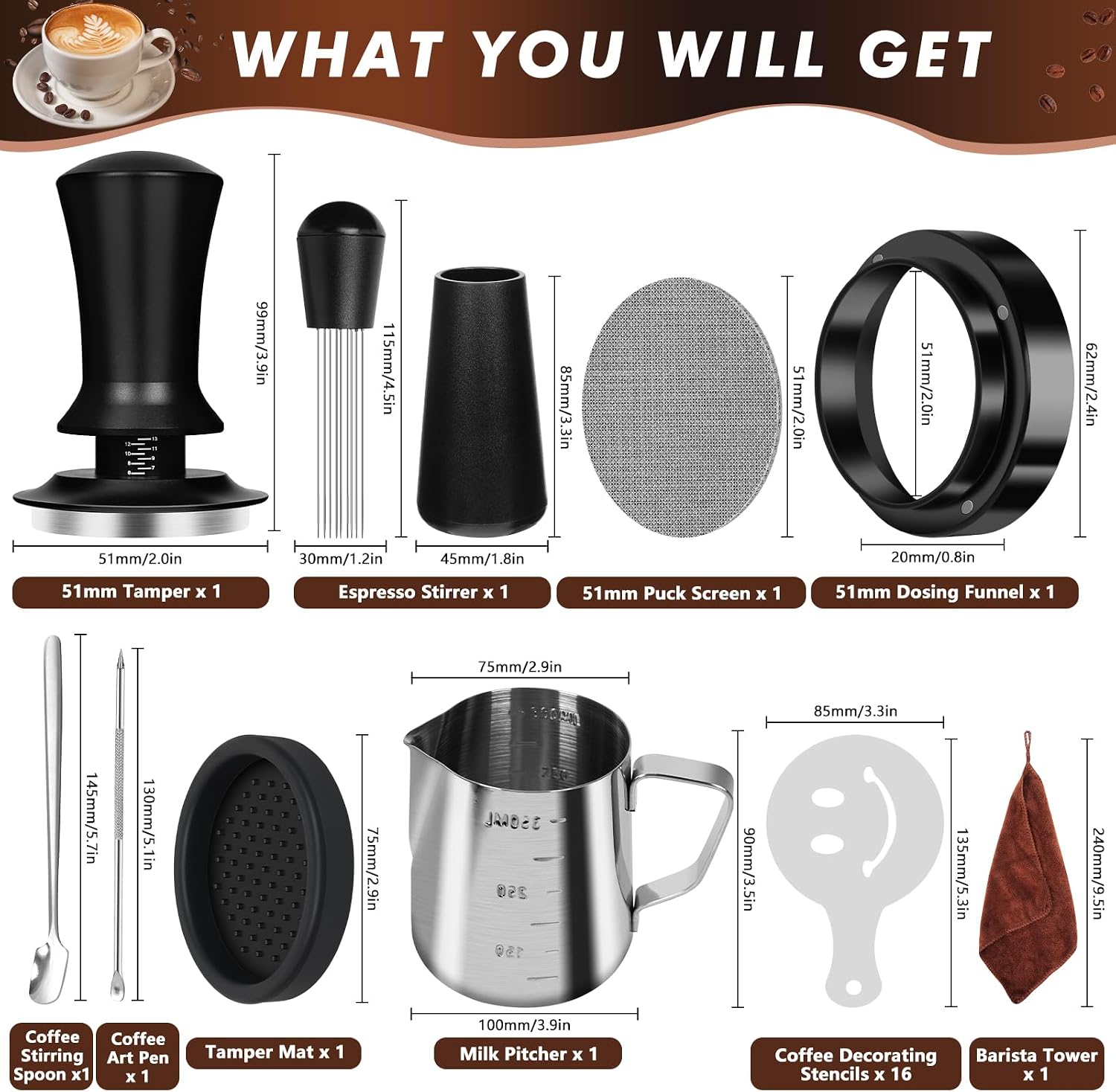 25 PCS Espresso Accessories Kit, Espresso Tamper Kit Coffee Tamper Set, 51mm Espresso Tamper with Spring Loaded