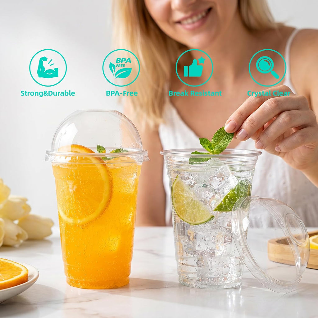 200 Pack 16oz Clear Plastic Cups with Dome Lids