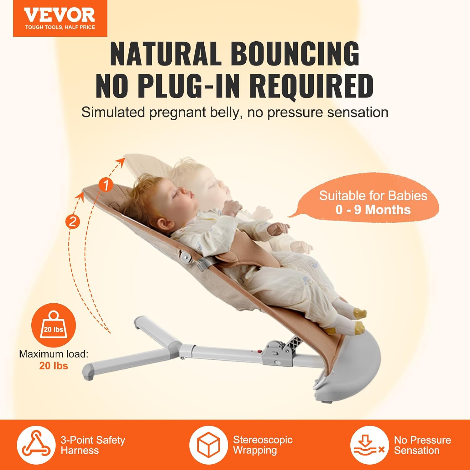 Baby Bouncer, Folding Bouncer Seat for Babies 0-9 Months, Newborn Bouncer Chair with 2 Reclining Angles & 3-Point