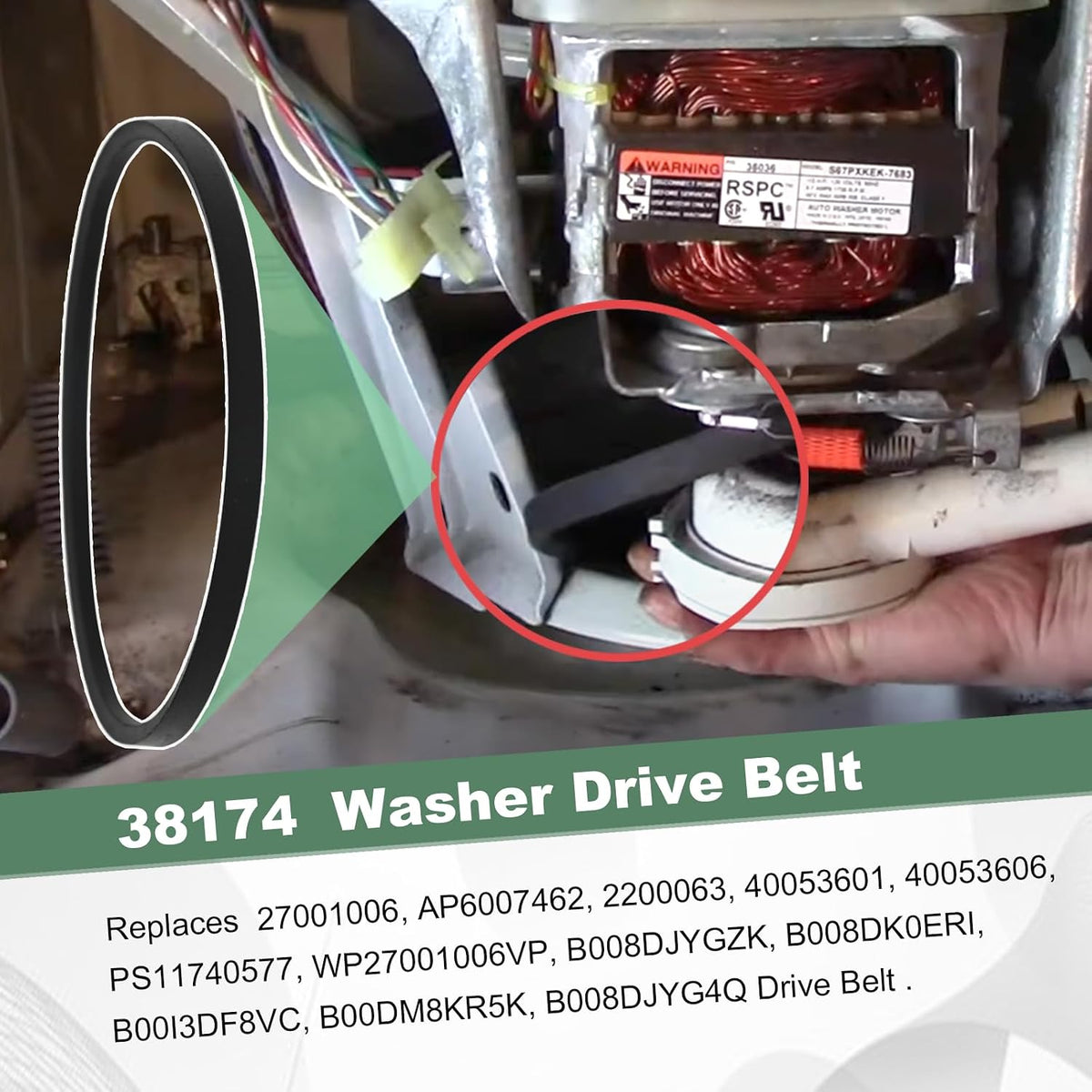 38174 Washer Drive Belt - Compatible with Amana, Maytag, Speed Queen Washers Replaces 27001006 WP27001006, 2200063,40053601, 40053606 AP6007462 PS11740577
