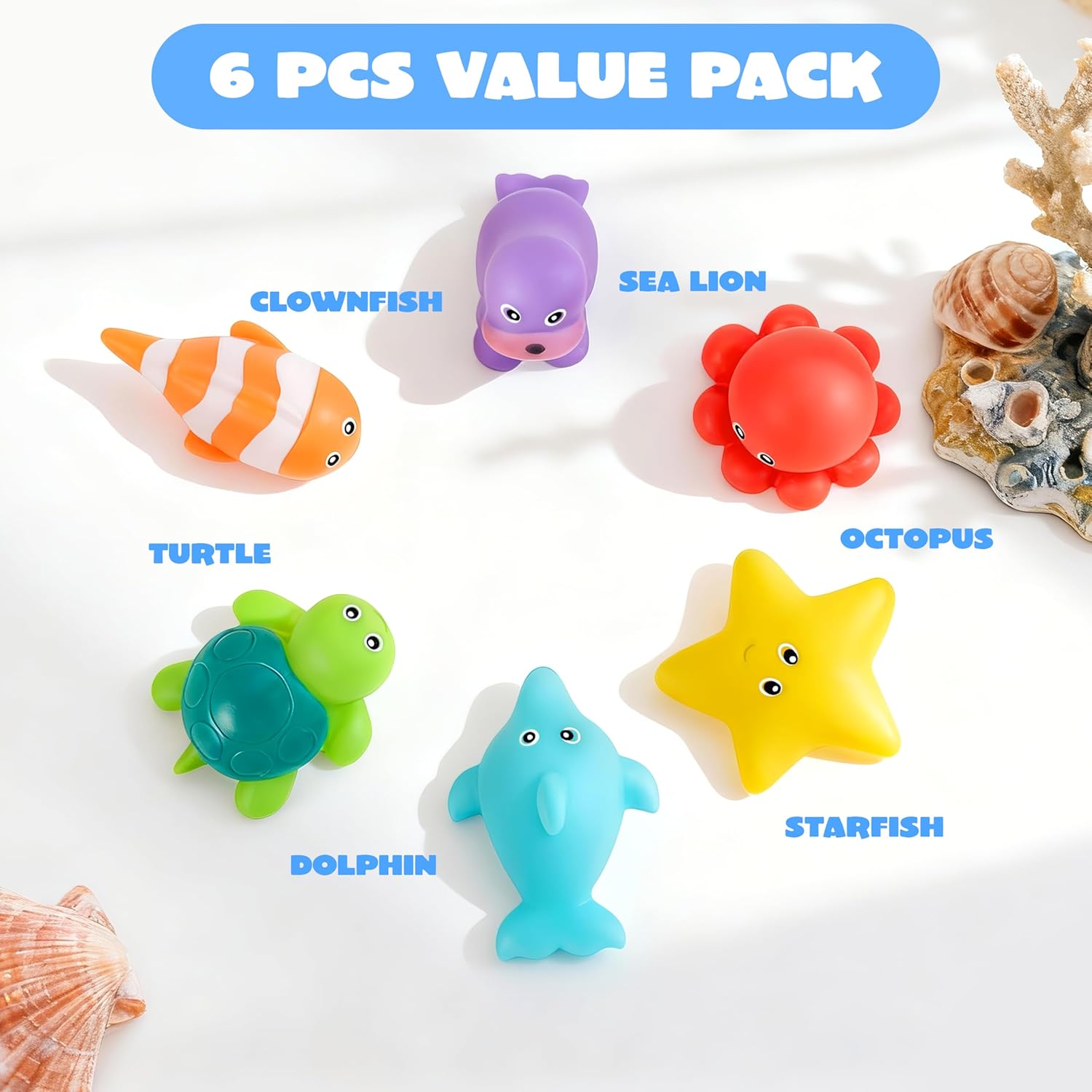 6 Pcs Sea Animal Bath Toys, Sealed & No-Hole & Mold Free Bathtub Toys for Kids, Non-Toxic & Soft Water Vehicles Toys