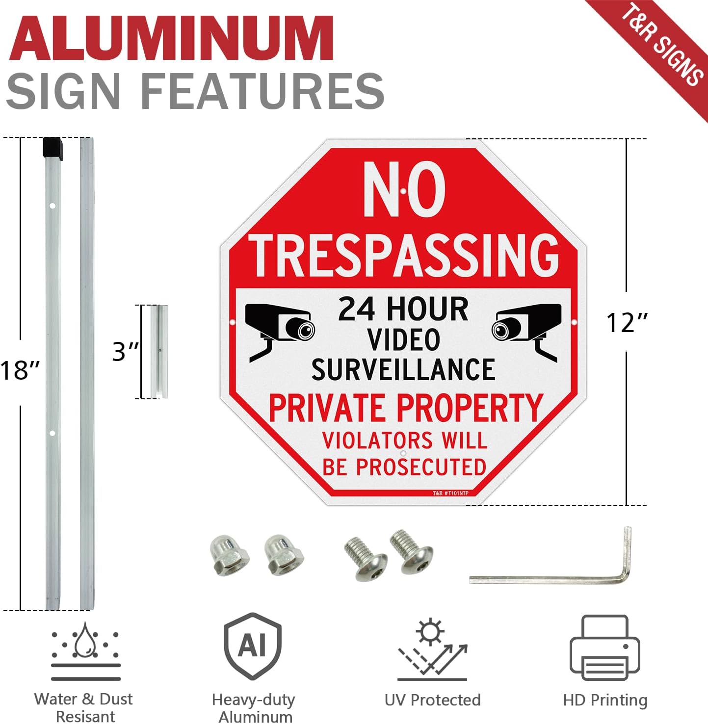 Large No Trespassing Private Property Sign Video Surveillance Sign with 36" Stake for Outside - 2 Pack - 12"x12" .040