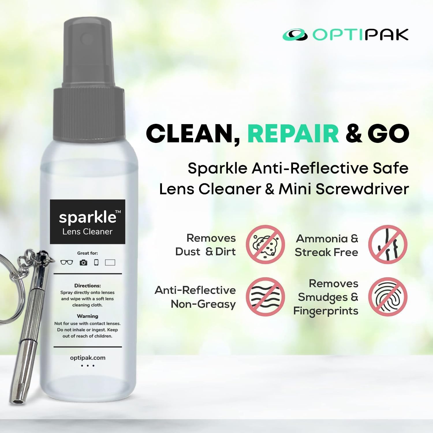 Sparkle Anti-Reflective Safe Lens Cleaner & Repair Kit – (2) 1oz Glasses Cleaner Spray, (2) Microfiber Cloth &