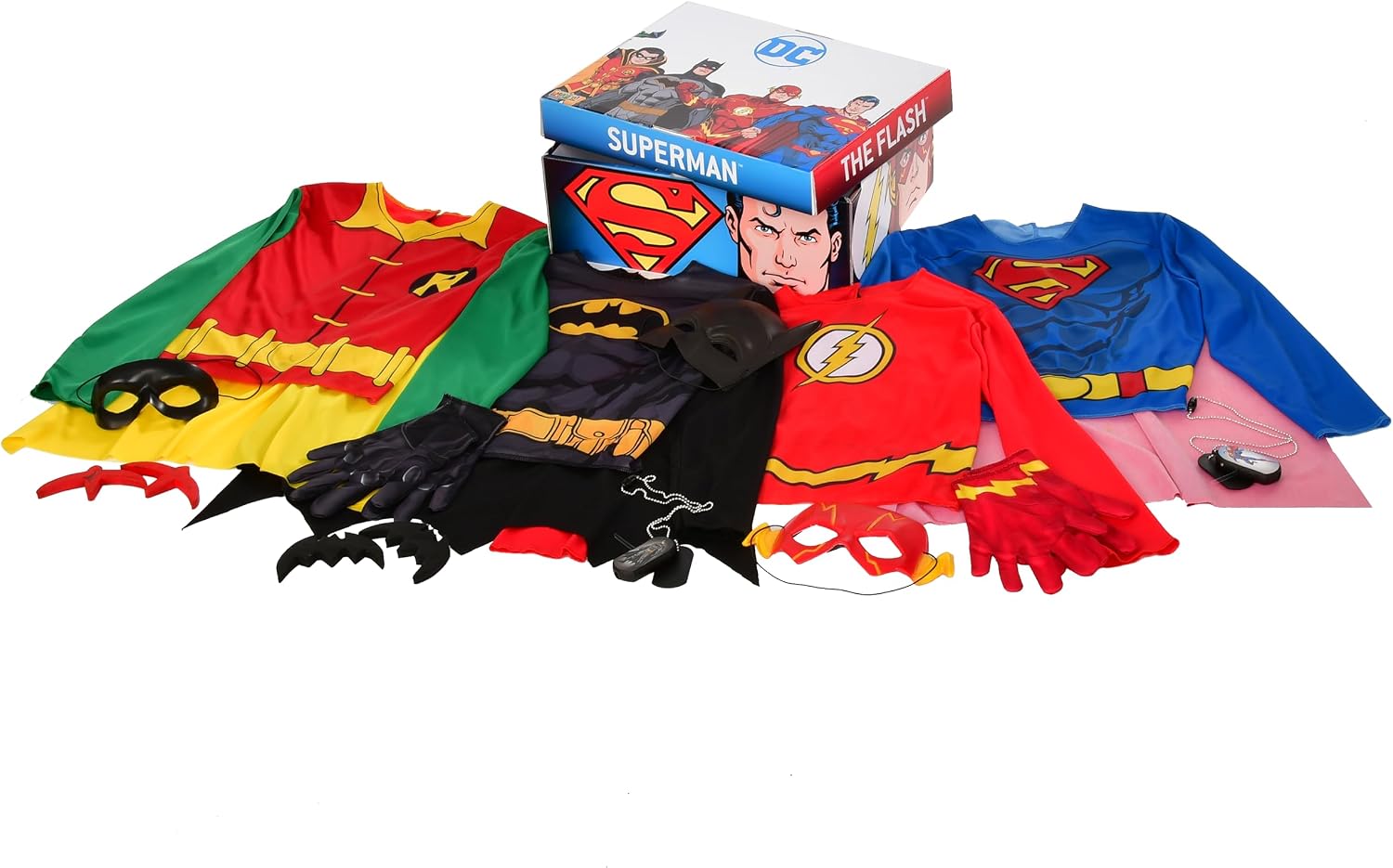 DC Comics Superheroes: Superman, The Flash, Batman & Robin Dress Up Trunk for Kids, Boy's Small