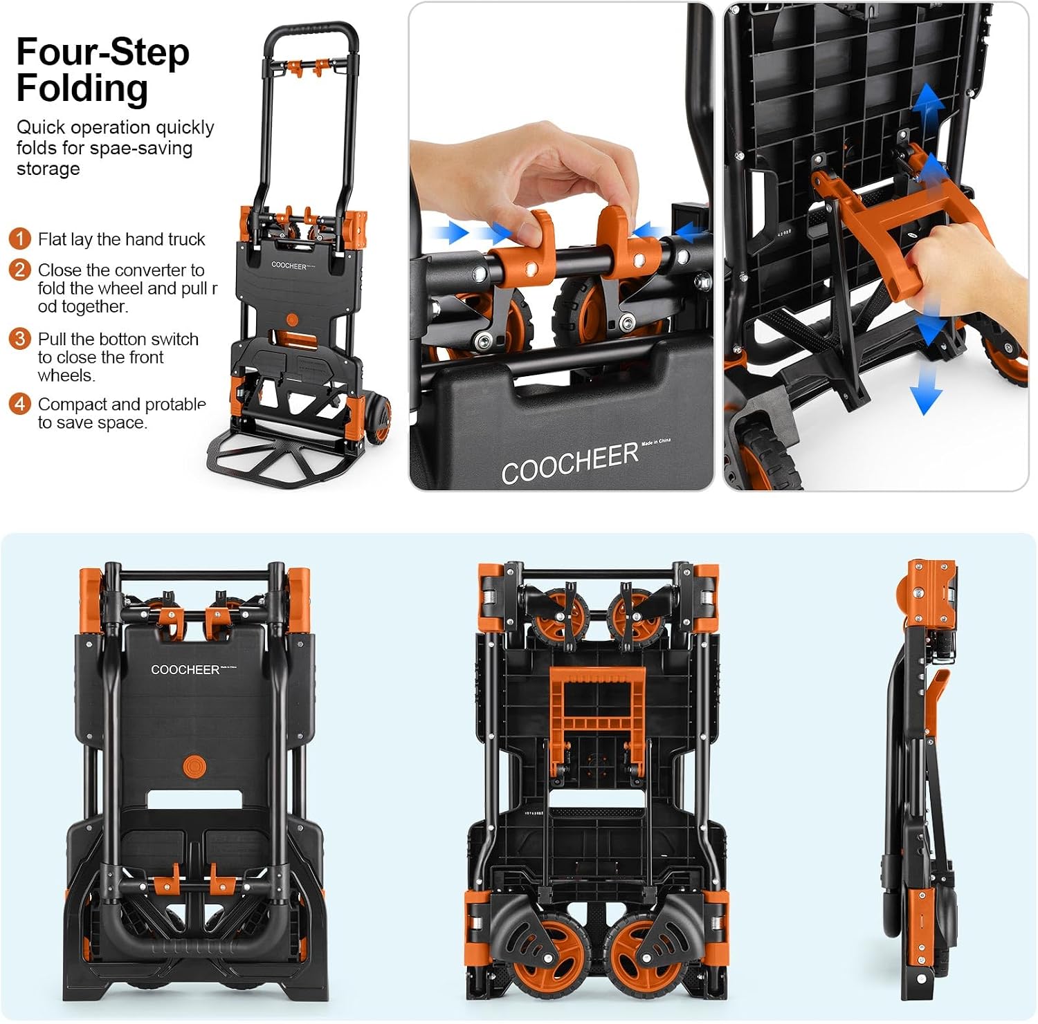 Folding Hand Truck Dolly, 330lb Convertible 4 to 2 Wheel Moving Cart,Orange | Dolly Cart with Retractable, Aluminum