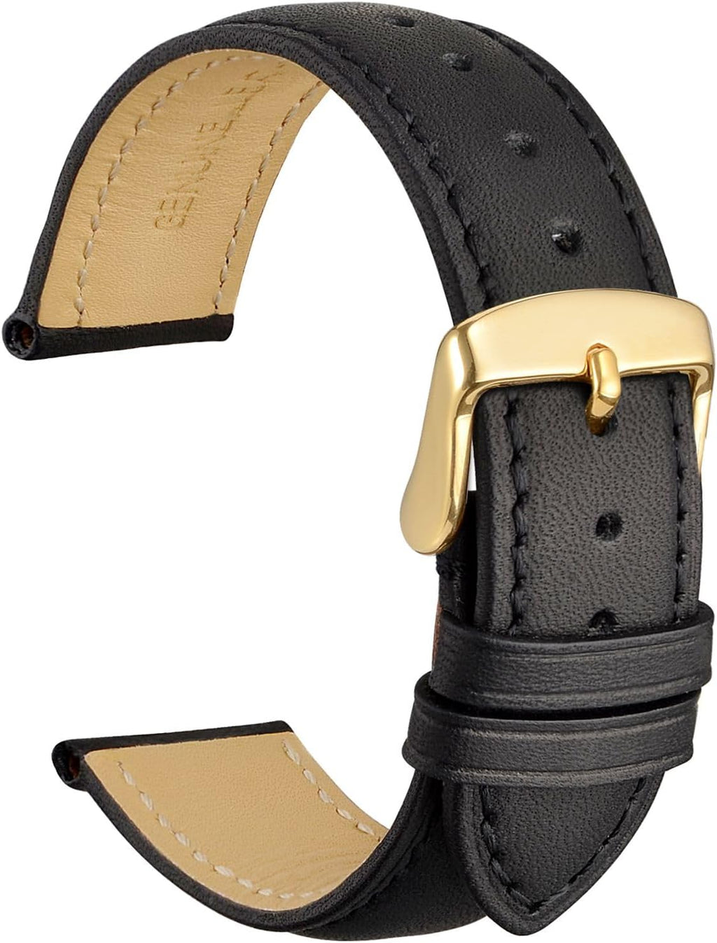 20mm Vintage Leather Watch Band for Men and Women, Gold Buckle (Black)