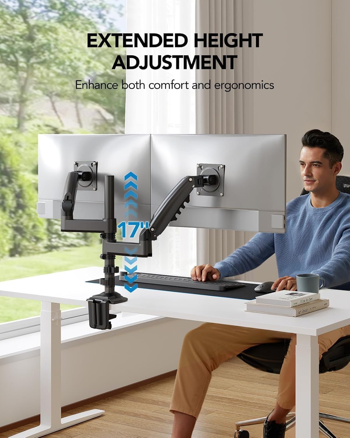 17-32 Inch Dual Monitor Stand, Stacked Monitor Mount, Monitor Arms for 2 Monitors, Ergonomic Adjustable