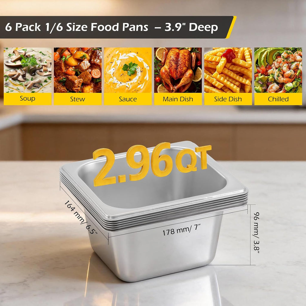 Hotel Pans 1/6 Size Pans 4 Inch Deep 6 Pack Steam Table Pans