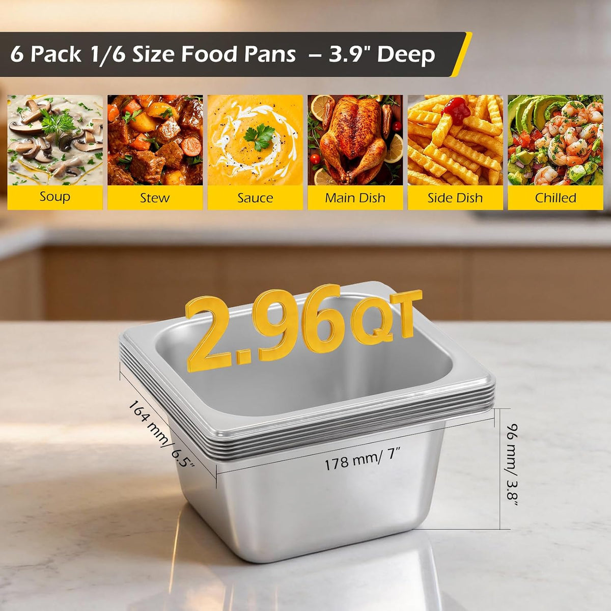 Hotel Pans 1/6 Size Pans 4 Inch Deep 6 Pack Steam Table Pans
