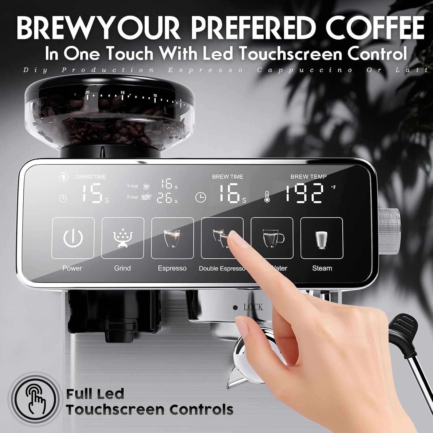 Espresso Machine with Grinder, 20 Bar Professional Coffee Machine, All-in-One Stainless Steel Coffee Maker with Milk