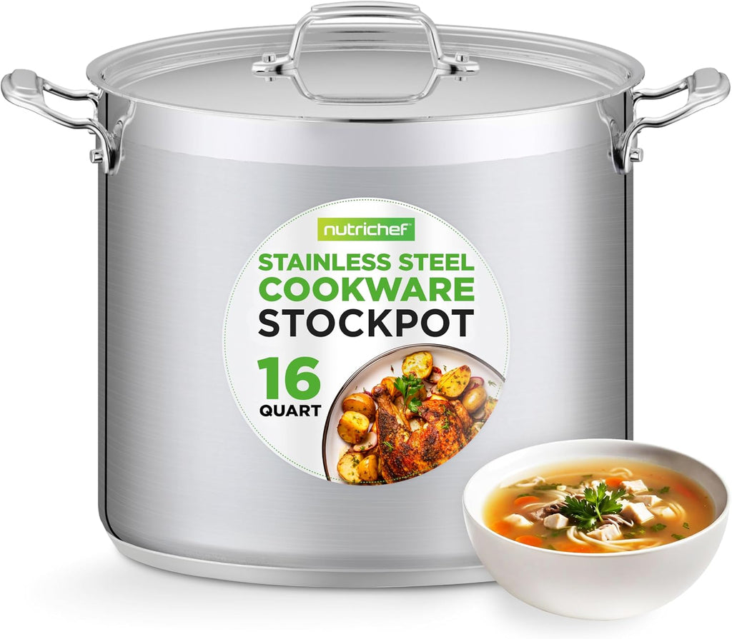 16-Quart Stainless Steel Stockpot - 18/8 Food Grade Heavy Duty Large Stock Pot for Stew, Simmering, Soup, Includes