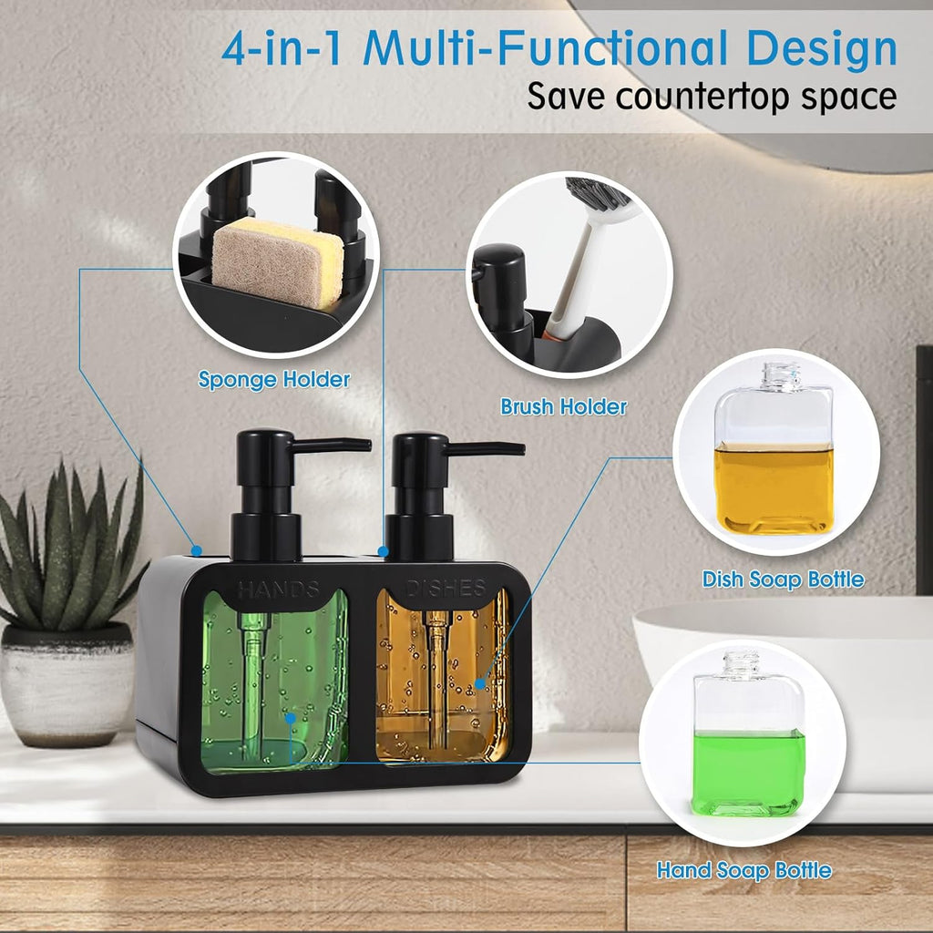 Kitchen Soap Dispenser Set, with Hand and Dish Soap, Sponge Caddy and Brush Holder 4-in-1 Kitchen Dual Soap Dispenser