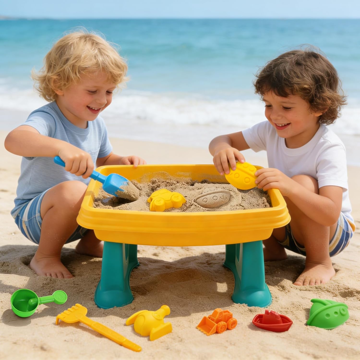 Kids Sand and Water Table, 2 in 1 Toddler Activity Table with Water Wheel & Sand Tools, Outdoor Indoor Sensory Play